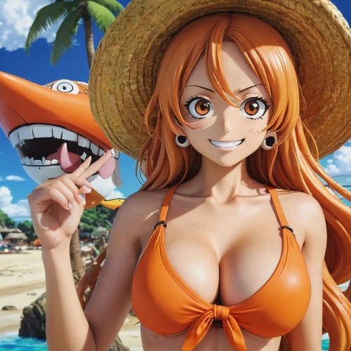 nami,one piece,one-piece swimsuit,straw hats,straw hat,onepiece,beach goers,anime 3d,valencia orange,alibaba,nemo,beach background,puri,sailing orange,summer hat,high sun hat,coconut hat,sanya,sun hat,summer icons,Illustration,Japanese style,Japanese Style 14