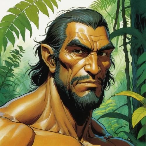 tarzan,male character,cave man,male elf,polynesian,amazonian oils,neanderthal,sumatran,poseidon god face,avatar,iguania,grog,caveman,mowgli,talahi,maori,prehistory,argan,inca face,bodhi,Illustration,Realistic Fantasy,Realistic Fantasy 04