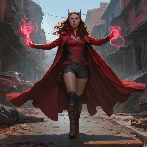 scarlet witch,red super hero,red cape,red coat,super heroine,wanda,red tunic,the enchantress,cg artwork,sci fiction illustration,captain marvel,red,fantasy woman,sorceress,avenger,huntress,superhero,lady in red,woman power,super woman,Illustration,Realistic Fantasy,Realistic Fantasy 28