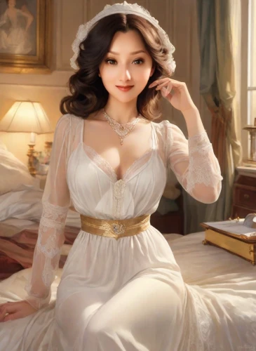 bridal clothing,ao dai,asian woman,wedding gown,wedding dress,bridal dress,wedding dresses,oriental princess,white silk,woman on bed,bridal,white lady,fairy tale character,white winter dress,victorian lady,a charming woman,romantic portrait,romantic look,celtic woman,vintage asian,Digital Art,Classicism