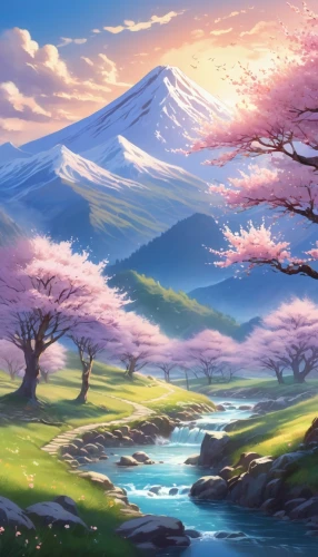 japanese sakura background,sakura background,landscape background,sakura trees,spring background,springtime background,mountain landscape,purple landscape,sakura tree,fantasy landscape,mountain scene,mountainous landscape,japanese floral background,salt meadow landscape,japan landscape,japanese mountains,the cherry blossoms,cherry blossom tree,sakura blossoms,spring blossoms,Illustration,Realistic Fantasy,Realistic Fantasy 01