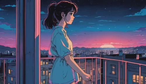 summer evening,city lights,in the evening,rooftop,evening atmosphere,rooftops,longing,evening city,clear night,would a background,芦ﾉ湖,blue rain,citylights,nighttime,daydream,pink dawn,shirakami-sanchi,aesthetic,atmosphere,dusk,Illustration,Japanese style,Japanese Style 06