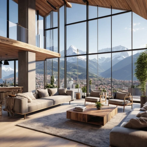 alpine style,house in the mountains,zermatt,house in mountains,penthouse apartment,modern living room,loft,chalet,luxury home interior,the cabin in the mountains,living room,grindelwald,beautiful home,sky apartment,eiger,3d rendering,alpine village,livingroom,roof landscape,swiss house,Photography,General,Realistic