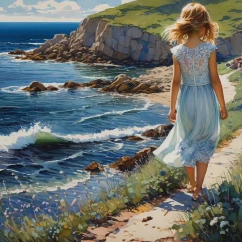 little girl in wind,oil painting,girl walking away,oil painting on canvas,coastal landscape,girl picking flowers,sea landscape,carol colman,by the sea,sea breeze,carol m highsmith,girl in a long dress,sea-shore,landscape with sea,summer day,beach landscape,art painting,coastal road,lan thom,fineart,Photography,Fashion Photography,Fashion Photography 22
