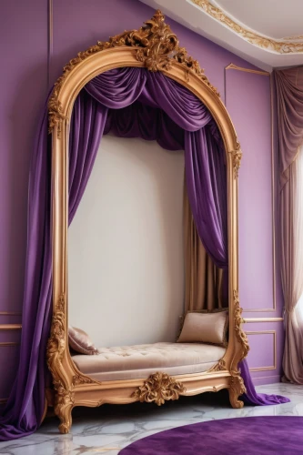 four poster,four-poster,canopy bed,ornate room,rococo,art nouveau frames,bridal suite,purple frame,art nouveau frame,the little girl's room,napoleon iii style,purple,bed frame,interior decoration,gold stucco frame,luxury decay,soprano lilac spoon,damask,a curtain,interior decor,Photography,General,Realistic