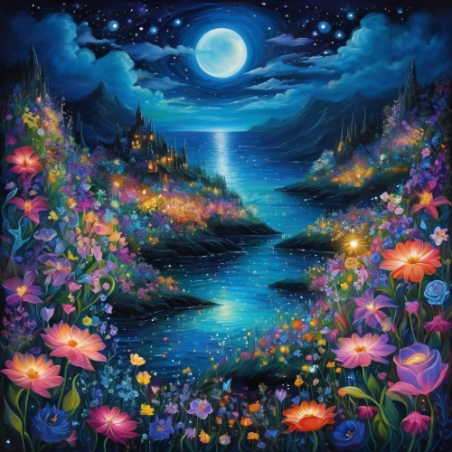 the night of kupala,fairy world,moonlit night,fantasy picture,blue moon rose,fairy galaxy,fairy forest,fantasy landscape,moon and star background,landscape background,sea of flowers,dream world,dreamland,children's background,fantasy art,flower painting,night scene,starry night,forest of dreams,flowers celestial,Illustration,Realistic Fantasy,Realistic Fantasy 37