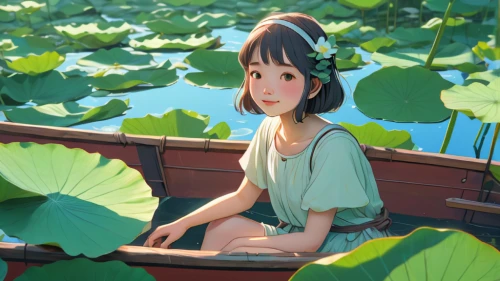 lily pad,waterlily,water lotus,studio ghibli,lotus plants,lotus pond,mulan,water lily,water-the sword lily,lily pond,lotus blossom,lily pads,lotus on pond,water lilies,lotus,lotus art drawing,lotus flowers,girl in the garden,giant water lily,girl sitting,Illustration,Realistic Fantasy,Realistic Fantasy 12