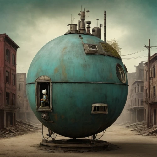 diving bell,mobile home,fallout shelter,quarantine bubble,panopticon,oil tank,bowling ball,diving helmet,gas tank,yard globe,atomic age,hot air,spherical,parking meter,storage tank,concrete mixer,post-apocalypse,post apocalyptic,fallout4,globe,Photography,Documentary Photography,Documentary Photography 29