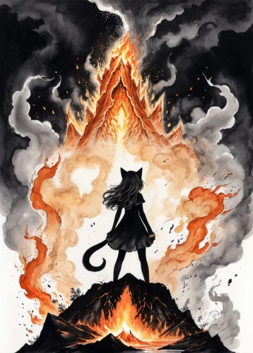 cauldron,pillar of fire,witch's hat,nine-tailed,witches hat,volcano,eruption,witch's hat icon,the eruption,witch hat,volcanic,the witch,fire devil,fire background,witches' hats,fire mountain,dancing flames,lake of fire,burning earth,fire master,Illustration,Black and White,Black and White 34