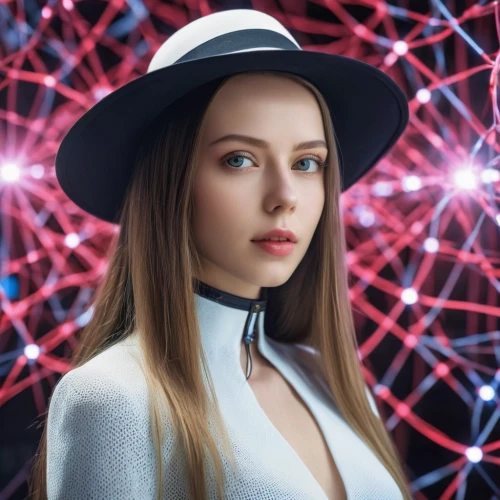 beret,girl wearing hat,portrait background,aura,fedora,the hat-female,ai,hat,white fur hat,samara,leather hat,jena,visual effect lighting,the hat of the woman,sparkler,black hat,disco,luminous,woman's hat,poppy,Photography,General,Realistic