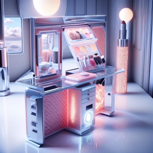 cosmetics counter,retro diner,jukebox,soda machine,cosmetics,cinema 4d,3d render,barebone computer,laboratory oven,vitrine,3d rendered,soda fountain,makeup mirror,blender,visual effect lighting,dressing table,coffee machine,3d rendering,refrigerator,vending machine