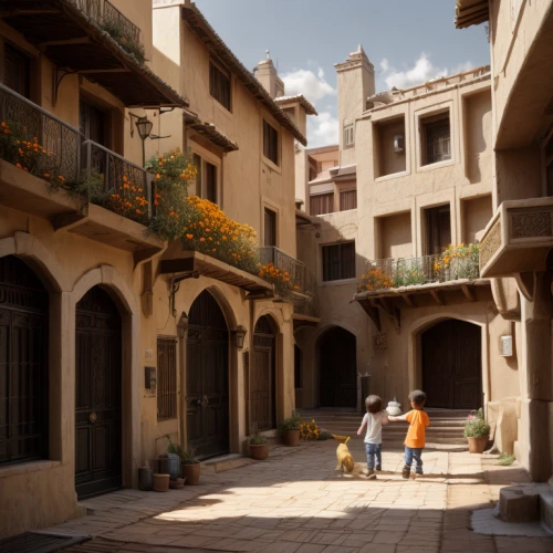 riad,jaffa,alhambra,narrow street,medieval street,caravansary,marrakesh,3d rendering,townhouses,old city,souk,karnak,caravanserai,medina,render,courtyard,inside courtyard,alcazar,wooden houses,hanging houses