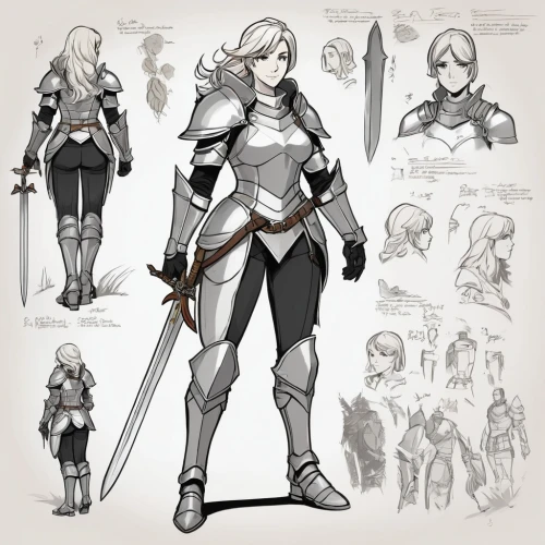 female warrior,knight armor,swordswoman,joan of arc,concept art,paladin,6-cyl in series,armour,armor,heavy armour,4-cyl in series,sterntaler,knight,silver arrow,sheik,cullen skink,male character,breastplate,wilhelma,comic character,Unique,Design,Character Design