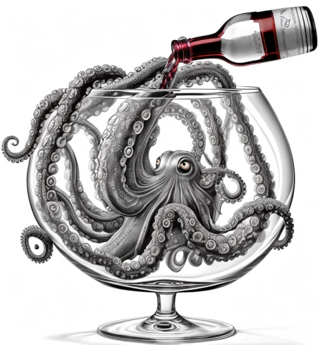 kraken,silver octopus,cephalopod,octopus,wine cocktail,fun octopus,decanter,calamari,port wine,octopus tentacles,silver oak,cephalopods,octopus vector graphic,squid rings,pipe vinous,screw-cap,drop of wine,cocktail garnish,wine glass,nautical clip art