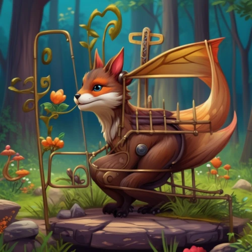 garden-fox tail,bard,fairy tale character,lyre,forest dragon,harp with flowers,art bard,faerie,little fox,harp player,dulcimer,acorns,musical rodent,atlas squirrel,rose tail,gryphon,child fox,adorable fox,serenade,cute fox,Illustration,Realistic Fantasy,Realistic Fantasy 13