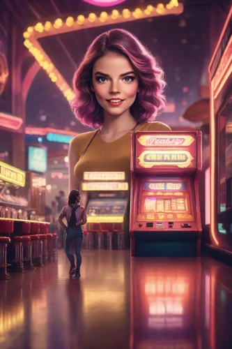 retro diner,game illustration,fairground,arcade,cinema strip,world digital painting,carousel,retro woman,sci fiction illustration,ann margarett-hollywood,vegas,arcade game,girl walking away,cosmetics counter,arcade games,cartoon video game background,retro girl,boulevard,cg artwork,arcades,Photography,Cinematic