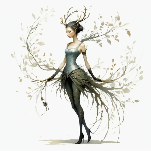 dryad,star magnolia,faerie,branched asphodel,elven flower,the enchantress,flora,katniss,blue star magnolia,tilia,faery,girl with tree,fashion illustration,ballerina in the woods,sprint woman,magnolia,fairy queen,willow flower,birch tree illustration,fae,Illustration,Realistic Fantasy,Realistic Fantasy 16