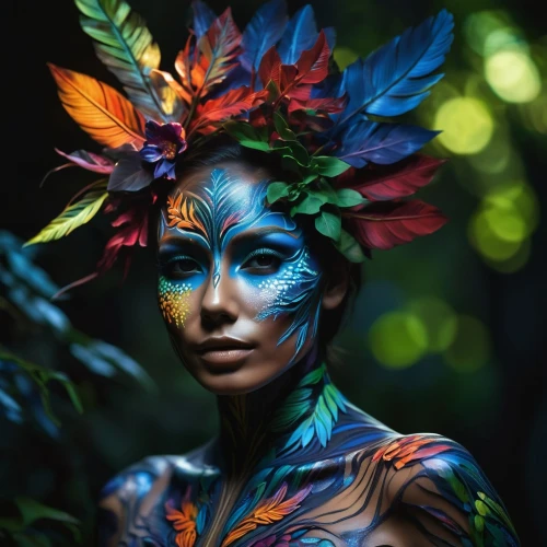 body painting,bodypainting,fairy peacock,bodypaint,neon body painting,faerie,faery,dryad,face paint,feather headdress,fae,body art,peacock,poison ivy,bird of paradise,headdress,colorful tree of life,mystical portrait of a girl,peacock feathers,fantasy portrait,Photography,Artistic Photography,Artistic Photography 02