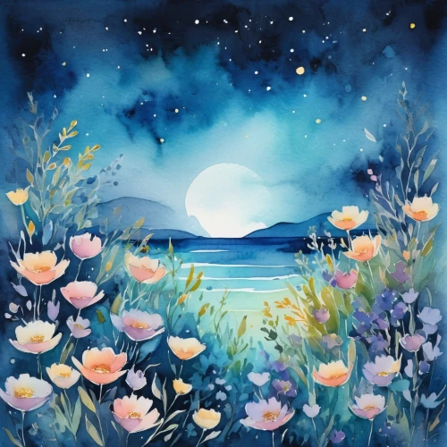 moon and star background,blue moon rose,beach moonflower,moonlit night,flower painting,watercolor background,moonflower,moonlight cactus,springtime background,moonlit,moon night,blue moon,flower background,moonlight,stars and moon,sea of flowers,floral background,landscape background,blooming field,moonrise,Illustration,Paper based,Paper Based 25