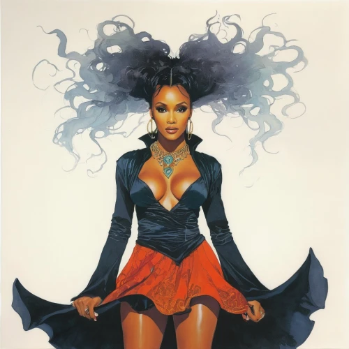 black woman,fantasy woman,voodoo woman,sorceress,black women,african american woman,vanessa (butterfly),queen of the night,fashion illustration,scarlet witch,raven,mystique,goddess of justice,the enchantress,brandy,color pencils,starfire,fantasia,widow,vampire woman,Illustration,Paper based,Paper Based 19