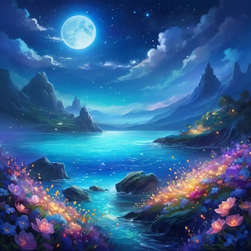 fantasy landscape,moon and star background,landscape background,moonlit night,ocean background,sea night,fantasy picture,mermaid background,the night of kupala,sea landscape,moonlight,the endless sea,moonlit,ocean paradise,lunar landscape,underwater background,dream world,fairy world,children's background,fairy galaxy,Illustration,Realistic Fantasy,Realistic Fantasy 01