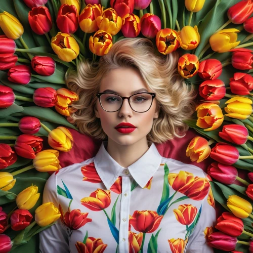 girl in flowers,tulips,beautiful girl with flowers,colorful floral,flowers png,two tulips,retro flowers,floral background,wild tulips,tulip background,tulip festival,tulip bouquet,floral,spectacles,red tulips,vintage floral,tulip,red magnolia,with glasses,floral composition,Photography,General,Natural