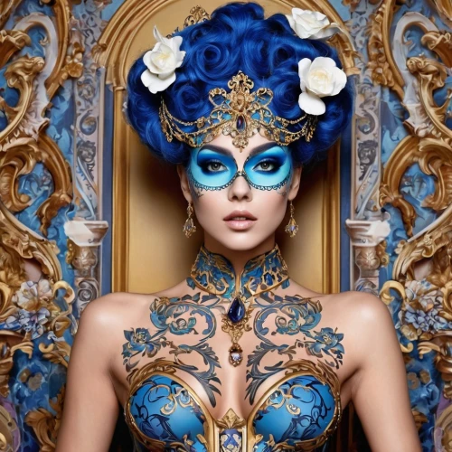 venetian mask,blue peacock,masquerade,bodypaint,fairy peacock,blue enchantress,queen cage,bodypainting,the carnival of venice,peacock,body painting,rococo,baroque,art nouveau frames,cirque du soleil,ornate,mazarine blue,fantasy woman,baroque angel,brazilian monarchy,Conceptual Art,Fantasy,Fantasy 22