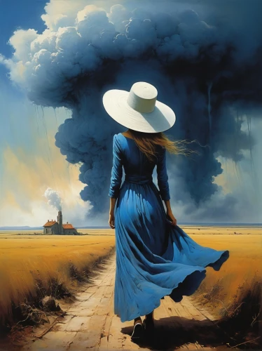 woman walking,girl walking away,the hat of the woman,pilgrim,oil painting on canvas,little girl in wind,woman thinking,yellow sun hat,scythe,woman's hat,gone with the wind,oil painting,girl in a long dress,prairie,southern belle,pilgrims,art painting,girl in a long,atmospheric phenomenon,blue painting,Conceptual Art,Oil color,Oil Color 03
