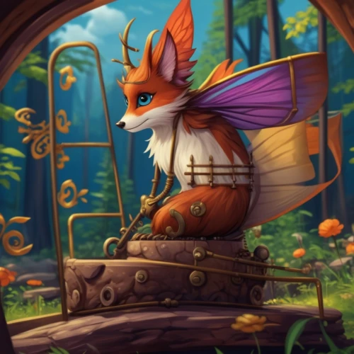 garden-fox tail,fairy tale character,faerie,vanessa (butterfly),little fox,faery,cute fox,adorable fox,bard,child fox,fairy tale,fae,a fox,lyre,dryas julia,viceroy (butterfly),children's fairy tale,acorns,autumn background,rose tail,Illustration,Realistic Fantasy,Realistic Fantasy 13