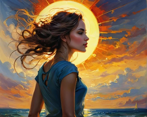 mystical portrait of a girl,sun and sea,sea breeze,the wind from the sea,oil painting on canvas,romantic portrait,sun moon,rosa ' amber cover,girl with a dolphin,sun reflection,fantasy art,sunset glow,the sea maid,blue moon rose,oil painting,girl on the boat,sun,fantasy picture,fantasy portrait,world digital painting,Illustration,Paper based,Paper Based 11