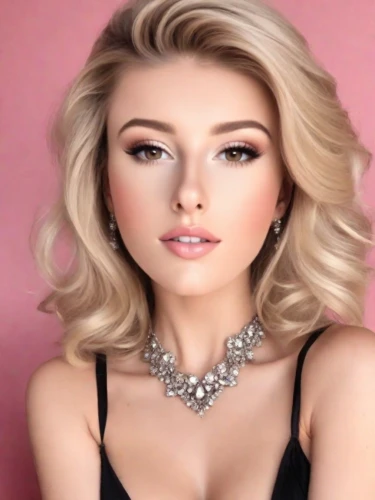lycia,barbie,realdoll,beautiful young woman,eurasian,necklace,jeweled,vintage makeup,pretty young woman,bridal jewelry,beautiful face,romantic look,chrystal,cool blonde,elsa,diamond jewelry,pearl necklace,marylyn monroe - female,model beauty,pink background