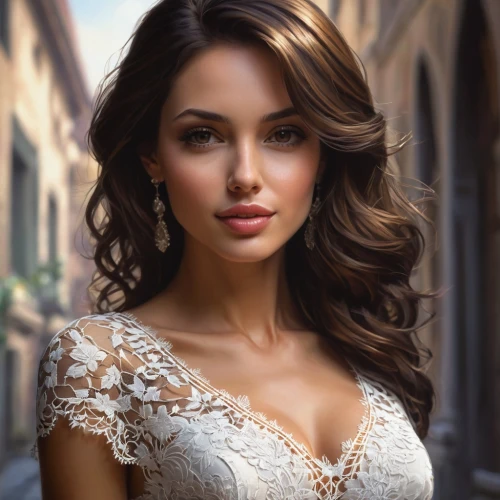 romantic portrait,beautiful young woman,beautiful woman,attractive woman,beautiful women,female beauty,pretty young woman,curly brunette,beautiful model,romantic look,young woman,a charming woman,pretty women,wedding dresses,beautiful face,beauty face skin,girl in white dress,beautiful girl,model beauty,wedding gown,Conceptual Art,Fantasy,Fantasy 16