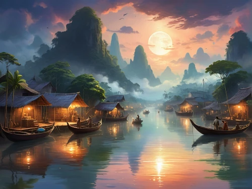 fantasy landscape,fantasy picture,world digital painting,chinese art,floating market,boat landscape,fishing village,floating huts,dragon boat,landscape background,viet nam,fantasy art,oriental,southeast asia,ham ninh,chinese background,vietnam,oriental painting,mid-autumn festival,floating islands,Illustration,Realistic Fantasy,Realistic Fantasy 01