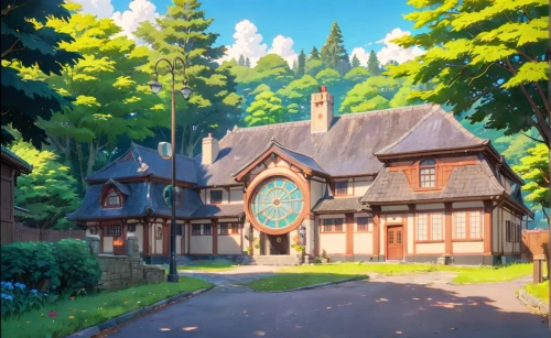studio ghibli,house in the forest,violet evergarden,little house,wooden houses,summer cottage,aurora village,knight village,alpine village,beautiful buildings,mountain village,lodge,dandelion hall,euphonium,my neighbor totoro,house in the mountains,pub,cottage,beautiful home,country cottage,Anime,Anime,Traditional