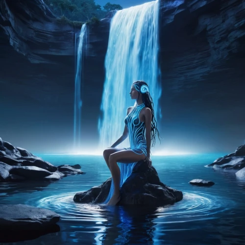 water nymph,water fall,fantasy picture,woman at the well,blue enchantress,tiber riven,water lotus,water-the sword lily,blue waters,waterfall,mermaid background,wasserfall,mother earth,fantasy art,blue water,the body of water,blue lagoon,rusalka,waterfalls,immersed,Conceptual Art,Sci-Fi,Sci-Fi 10