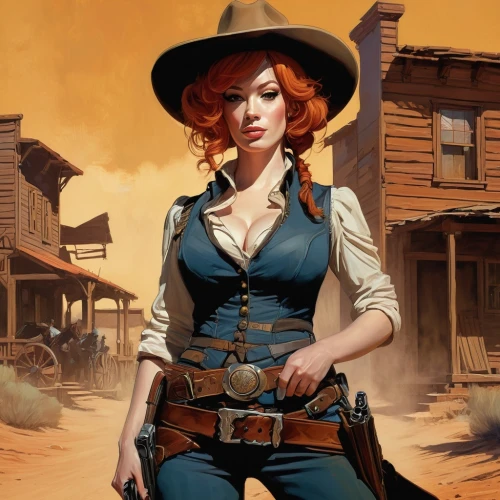 cowgirl,cowgirls,wild west,gunfighter,western,sheriff,western riding,country-western dance,girl with gun,western film,girl with a gun,steampunk,western pleasure,woman holding gun,game illustration,countrygirl,wild west hotel,american frontier,rosa ' amber cover,holding a gun,Conceptual Art,Oil color,Oil Color 04