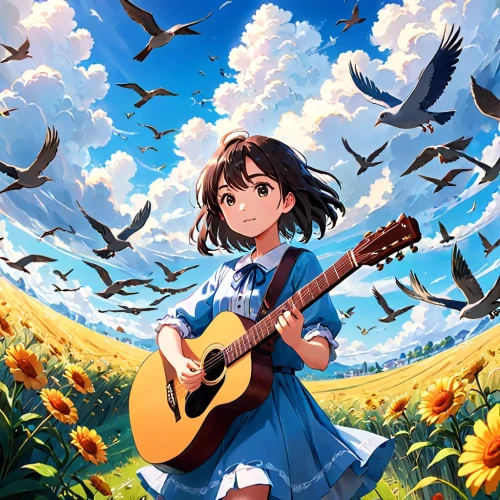 haruhi suzumiya sos brigade,guitar,blue birds and blossom,blooming field,flower field,blue bird,flower background,field of flowers,bird in the sky,music background,playing the guitar,musical background,spring background,birds singing,concert guitar,song bird,yui hirasawa k-on,springtime background,flower and bird illustration,blackbird,Anime,Anime,Traditional