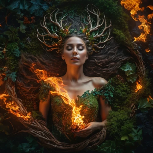 dryad,faery,fae,the enchantress,faerie,fantasy art,forest fire,burning bush,fantasy portrait,mother nature,mother earth,girl in a wreath,fire siren,burning earth,fantasy picture,fire heart,fire dancer,faun,anahata,mystical portrait of a girl,Photography,General,Fantasy