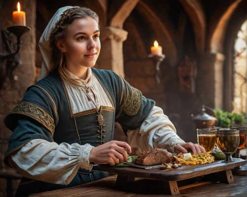 girl with bread-and-butter,candlemaker,tudor,woman holding pie,holy supper,dwarf cookin,girl in a historic way,medieval,candlemas,christ feast,eucharist,woman eating apple,medieval market,girl in the kitchen,middle ages,dining,irish meal,tablescape,meal  ready-to-eat,romantic dinner,Photography,General,Fantasy