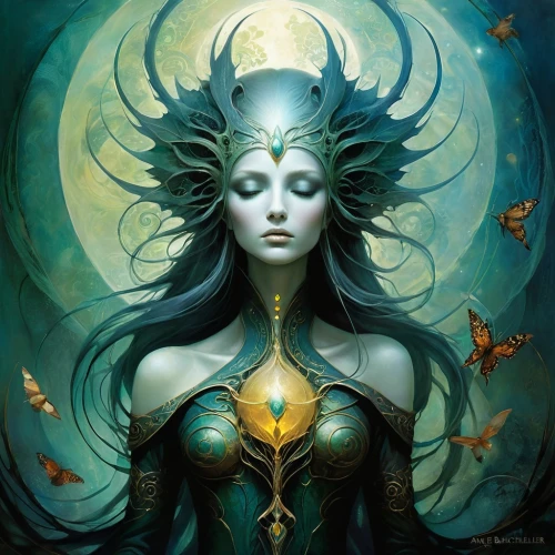 faerie,blue enchantress,the enchantress,sorceress,faery,fantasy art,queen of the night,dryad,priestess,zodiac sign libra,fantasy portrait,the zodiac sign pisces,fantasy woman,fairy queen,moonflower,mystical portrait of a girl,shamanic,monarch,mother earth,zodiac sign gemini,Illustration,Realistic Fantasy,Realistic Fantasy 16