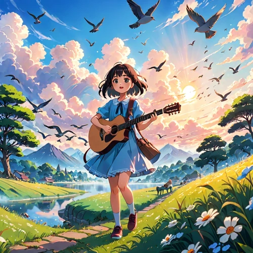 studio ghibli,guitar,music background,musical background,butterfly background,serenade,ukulele,concert guitar,haruhi suzumiya sos brigade,playing the guitar,flying girl,playing outdoors,blooming field,japanese sakura background,world digital painting,flying heart,blue birds and blossom,vanessa (butterfly),springtime background,sky butterfly,Anime,Anime,Traditional