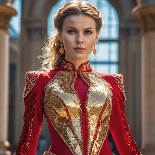 red tunic,imperial coat,red gown,red cape,bolero jacket,regal,red coat,nero,matador,cinderella,queen of hearts,bodice,ball gown,red,tudor,embellished,venetia,celtic queen,golden crown,academic dress,Photography,General,Realistic