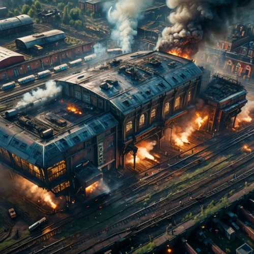 district 9,duisburg,locomotive roundhouse,insurgent,factories,destroyed city,katowice,steam locomotives,train crash,digital compositing,model railway,the conflagration,fire disaster,divergent,warsaw uprising,combined heat and power plant,groningen,fire damage,burned down,industrial ruin,Photography,General,Fantasy