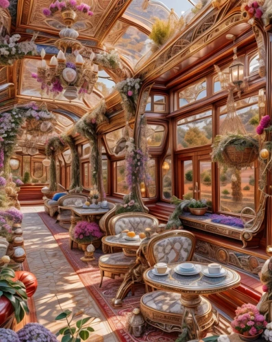 persian norooz,breakfast room,conservatory,tearoom,ornate room,flower shop,flower booth,alpine restaurant,russian folk style,persian architecture,china cabinet,iranian nowruz,beautiful home,floral decorations,the little girl's room,flowerful desert,teacups,3d fantasy,floral with cappuccino,paris cafe