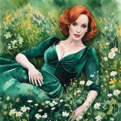 maureen o'hara - female,lilly of the valley,lily of the field,poison ivy,girl lying on the grass,girl in the garden,flora,girl in flowers,lilies of the valley,lily of the valley,green meadow,in green,fantasy portrait,daffodils,ann margarett-hollywood,green dress,romantic portrait,green,butterfly green,oil painting,Illustration,Paper based,Paper Based 25