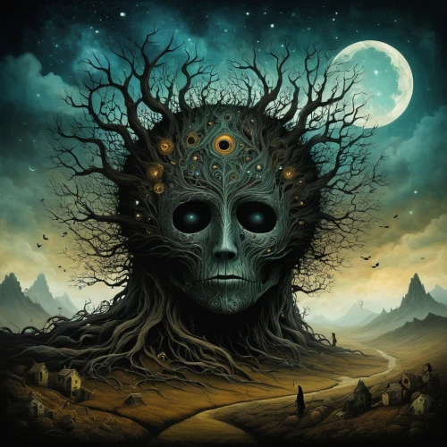 dead earth,death's-head,death's head,shamanism,shamanic,creepy tree,death head,three eyed monster,primitive man,dark art,dance of death,scull,the grave in the earth,tree thoughtless,iridigorgia,days of the dead,esoteric,calavera,gnarled,dead wood,Illustration,Abstract Fantasy,Abstract Fantasy 19