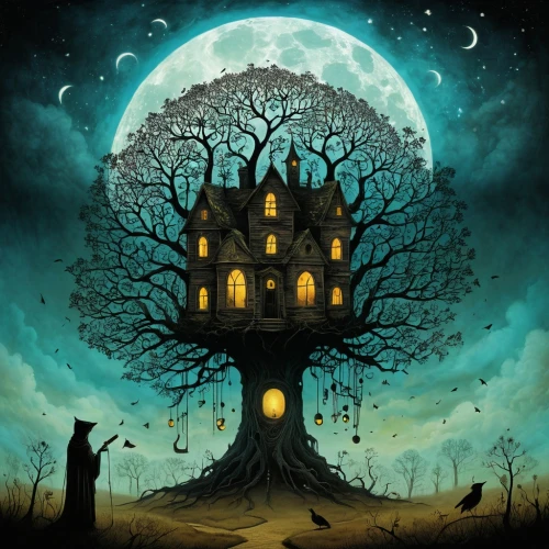 witch house,witch's house,halloween poster,the haunted house,halloween and horror,haunted house,halloween background,house silhouette,tree house,halloween illustration,haunted castle,halloween scene,ghost castle,halloween bare trees,treehouse,hanging moon,halloween travel trailer,halloween wallpaper,halloween night,helloween,Illustration,Abstract Fantasy,Abstract Fantasy 19