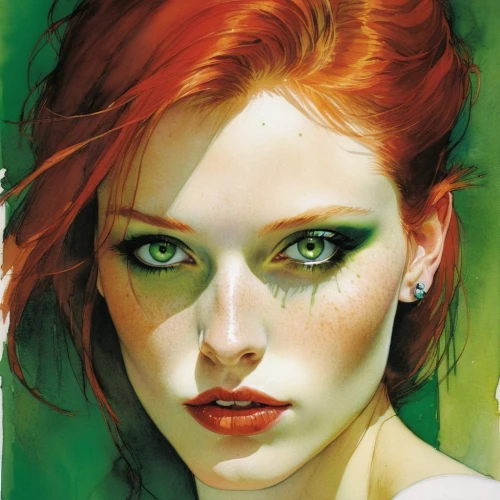 poison ivy,red-haired,red head,redheads,transistor,fantasy portrait,green eyes,clary,red and green,redheaded,green skin,fae,black widow,fiery,redhead,rusalka,emerald,redhair,mary jane,fantasy woman,Illustration,Paper based,Paper Based 12