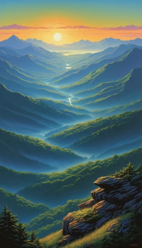 blue ridge mountains,mountain sunrise,mountain landscape,mountainous landscape,mountain scene,mountain valleys,mountain slope,the landscape of the mountains,mountainous landforms,high landscape,mountain ranges,mountainside,mountains,mountain plateau,blue mountains,beech mountains,mountain range,mountain,landscape background,alpine sunset,Illustration,American Style,American Style 01