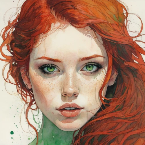 poison ivy,red-haired,red head,redheads,fantasy portrait,fae,fiery,redhair,redhead,redheaded,red and green,flora,merida,girl portrait,color pencils,natura,siren,redhead doll,green eyes,red hair,Illustration,Paper based,Paper Based 19
